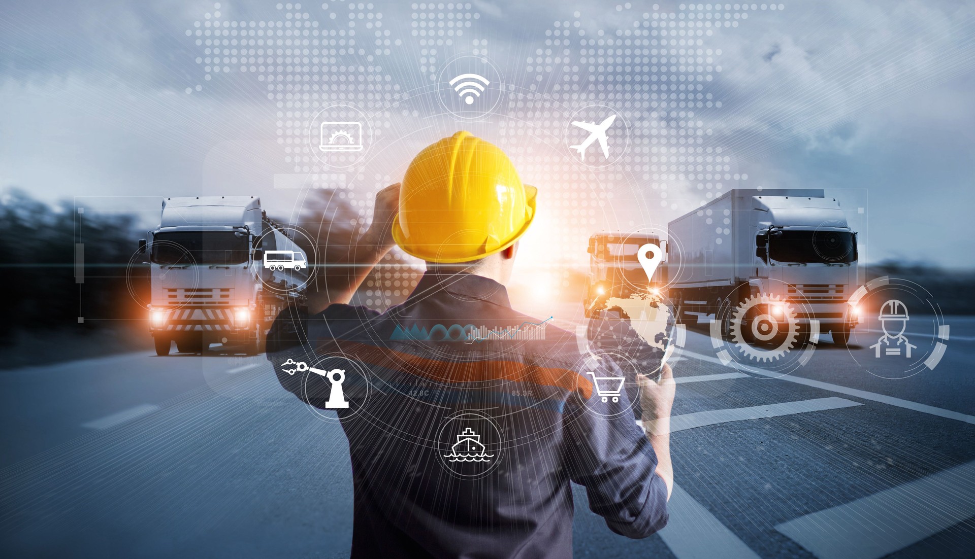 Transport et logistique, Gestionnaire technique travaillant avec le camion sur le fret d’autoroute et industriel de conteneur avec l’icône de la distribution de réseau sur la connexion globale de réseau.