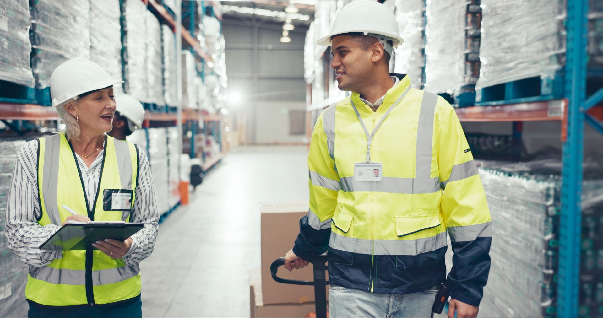 Femme mature, homme et presse-papiers dans l’industrie de la logistique, le contrôle de la qualité ou la gestion des stocks. Ingénieur, maintenance et liste de contrôle dans la chaîne d’approvisionnement, l’usine et la société de transport en 
